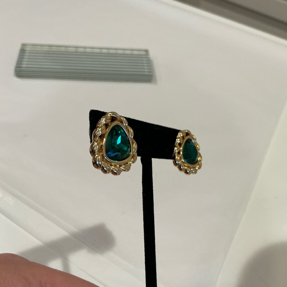 Gold and Green Teardrop Earrings - Picture 3 of 8